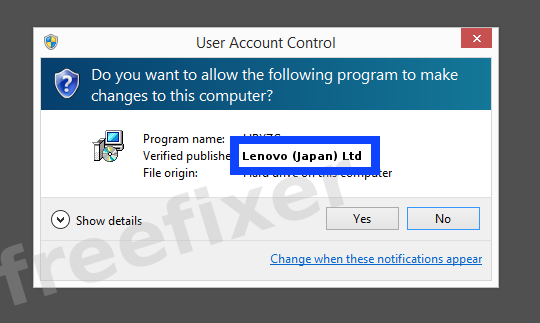 Screenshot where Lenovo (Japan) Ltd appears as the verified publisher in the UAC dialog